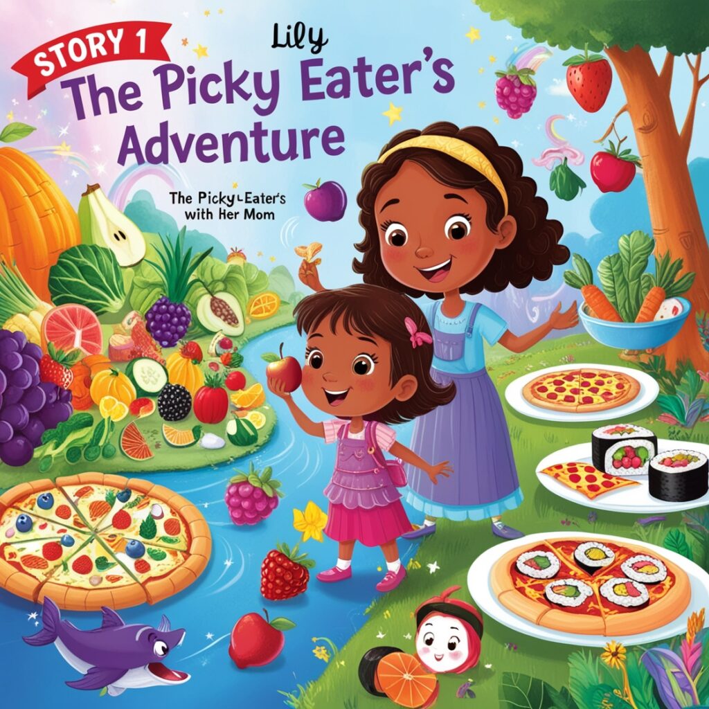 A vibrant illustration shows Lily, a little girl, and her mom on a whimsical food adventure. In a colorful land filled with fruits, vegetables, and treats, Lily tastes an apple, berries, pizza, and sushi with joy and amazement. The title "Story 1" is prominently displayed.