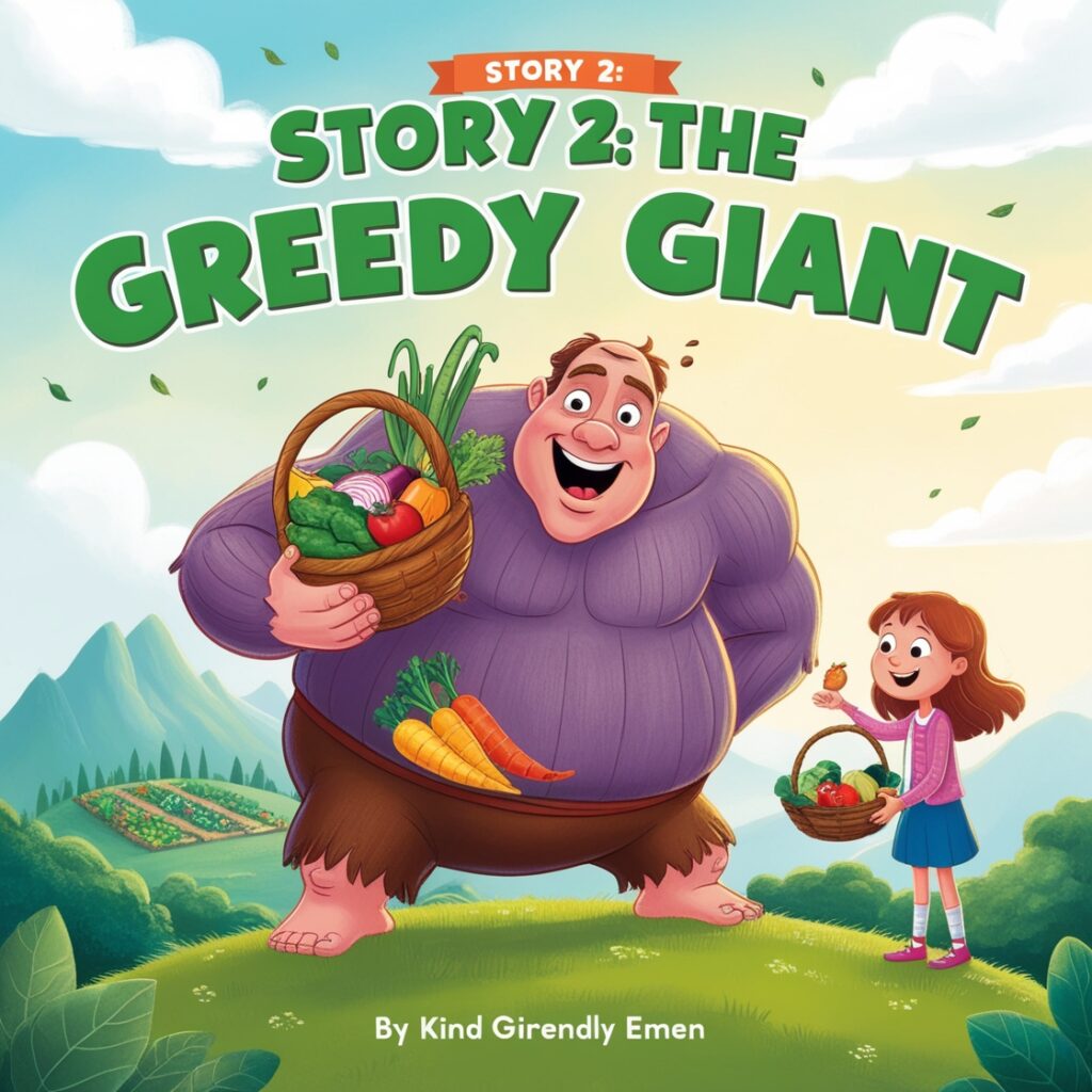 A giant, stuck on a mountaintop, is helped by a kind girl offering fresh fruits and vegetables, leading him to embrace healthy eating.