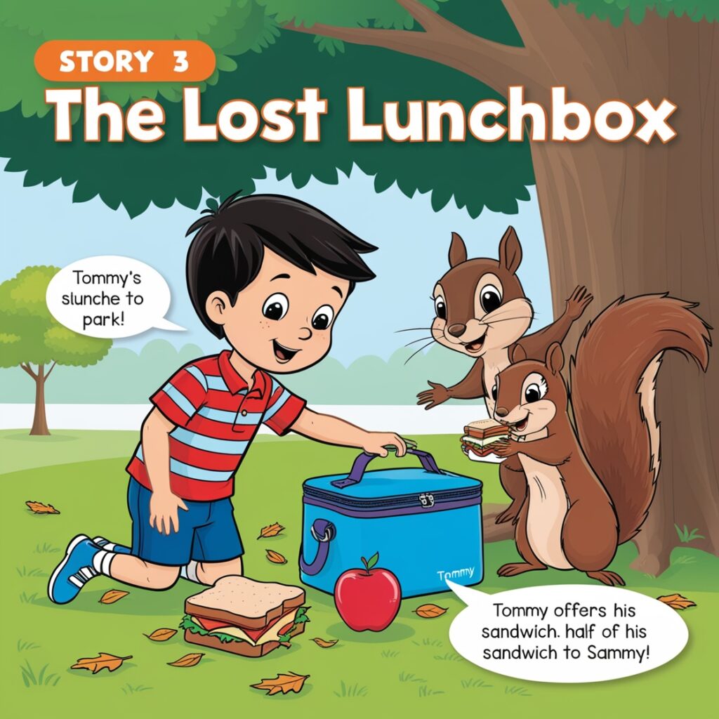 Tommy loses his lunchbox on the way to school. With Sammy the squirrel’s help, he finds it in the park and learns about sharing and kindness.
