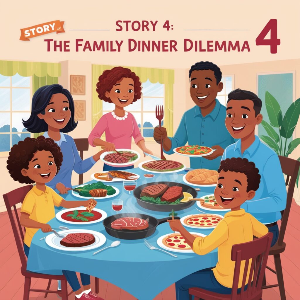 The Family Dinner Dilemma," the Smith family resolves their meal disputes by each choosing their favorite dish, leading to a harmonious and enjoyable family dinner. Lily's idea to accommodate everyone's preferences fosters understanding and compromise.