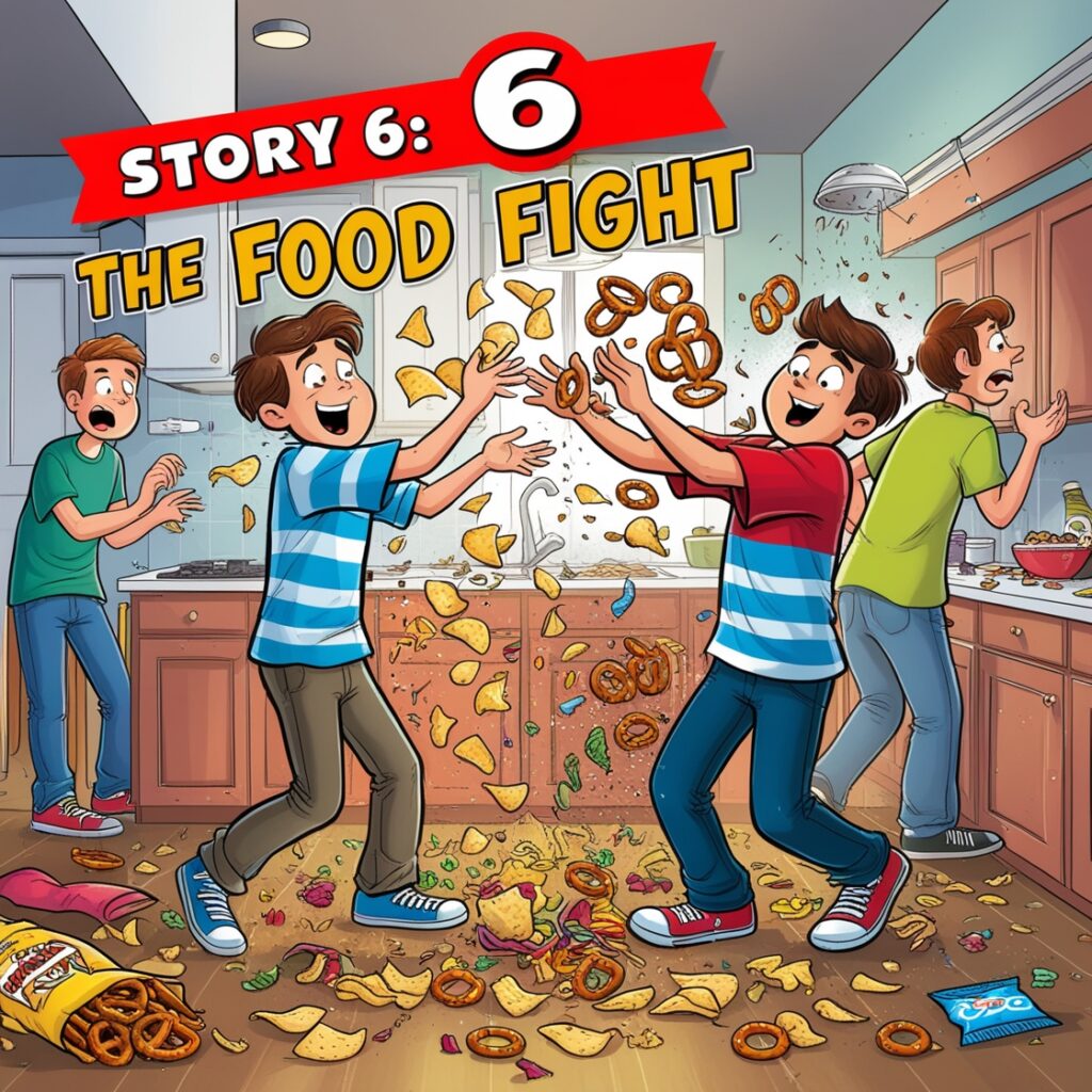 The Food Fight" follows friends Alex and Ben who argue over their favorite snacks, leading to a messy food fight. After their parents get involved, they learn the importance of resolving conflicts calmly and respecting each other's opinions.