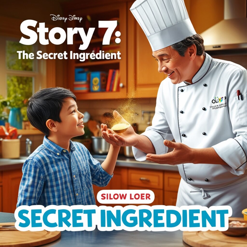 The Secret Ingredient" follows a curious boy, Oliver, who discovers a famous chef's secret ingredient. He learns it's something simple and accessible, and convinces the chef to use it to create a meal for those in need, demonstrating the power of sharing and kindness.