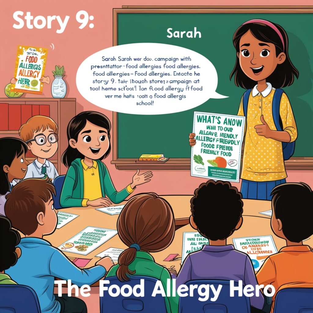 Sarah, a young girl with a food allergy, inspires her classmates and local restaurants to be more inclusive and allergy-friendly through her school presentation and campaign.
