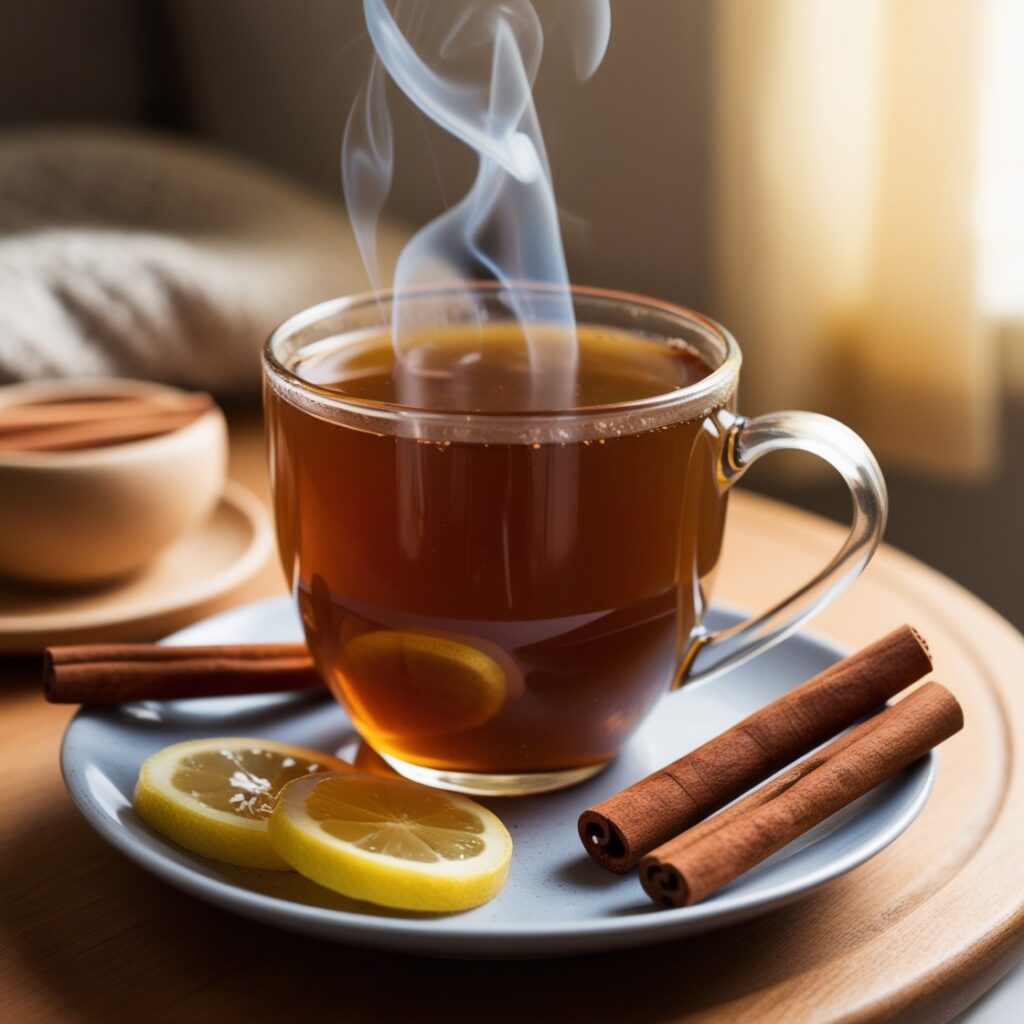 A cozy cup of decaf cinnamon tea, steeped with cinnamon sticks, offering a soothing, caffeine-free perfect for kids and promoting digestion.