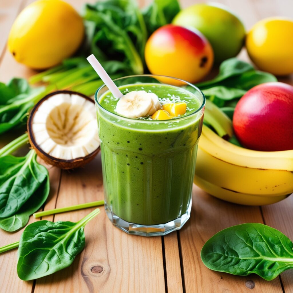 A vibrant spinach, banana, and mango smoothie blended with coconut water, offering a nutritious, naturally sweet option as a healthy alternative to tea and coffee for kids.