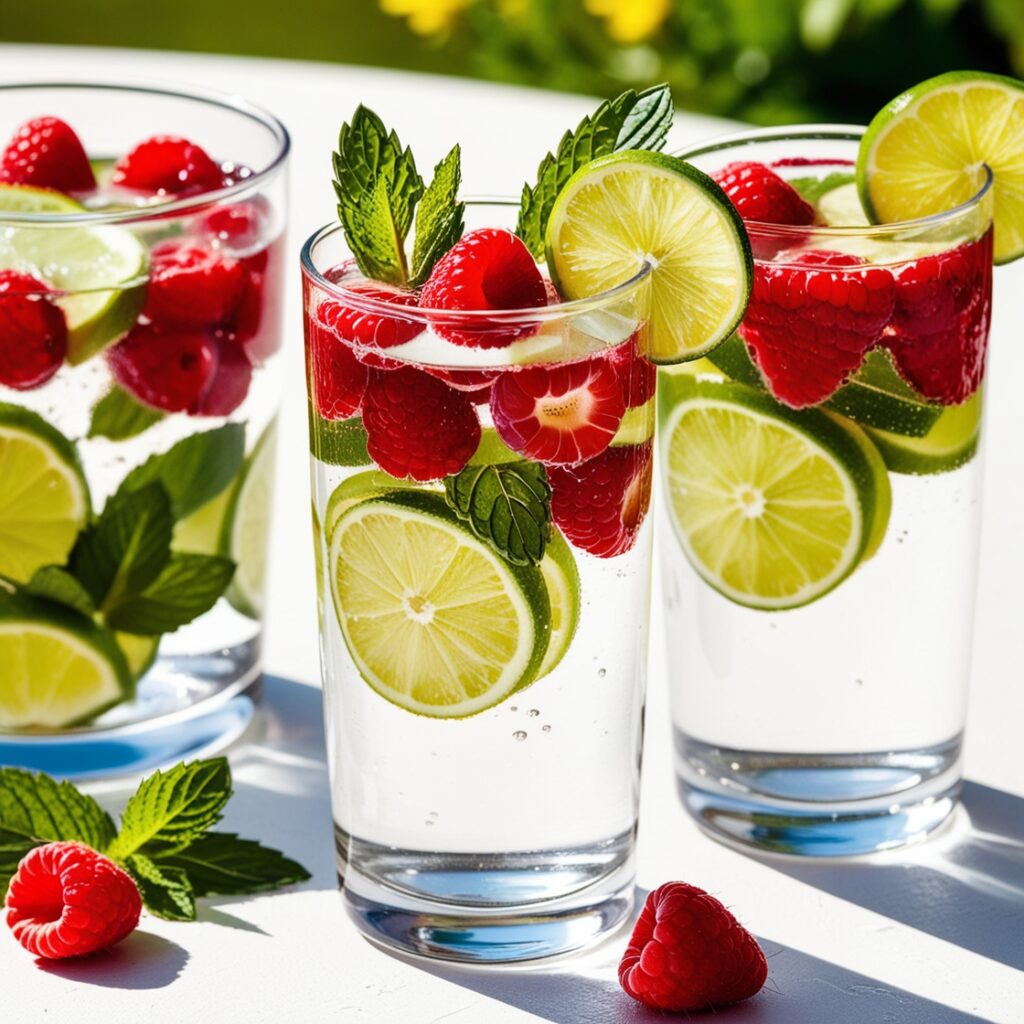 A refreshing infusion of water with fresh raspberries and lime slices, creating a fruity twist. This hydrating drink, ideal for kids, is packed with antioxidants and vitamin C, making it a great alternative to traditional tea and coffee.