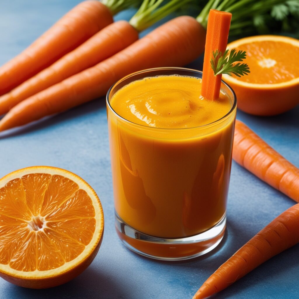 A bright glass of carrot orange juice, rich in vitamins C and A, offers a healthy alternative garnished with an orange slice and carrot stick for a nutritious treat.