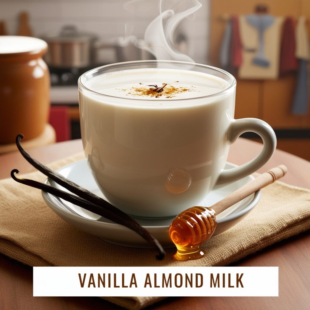 A cozy cup of warm vanilla almond milk, gently infused with honey and vanilla, offers a soothing alternative, perfect as a calming bedtime drink for children.