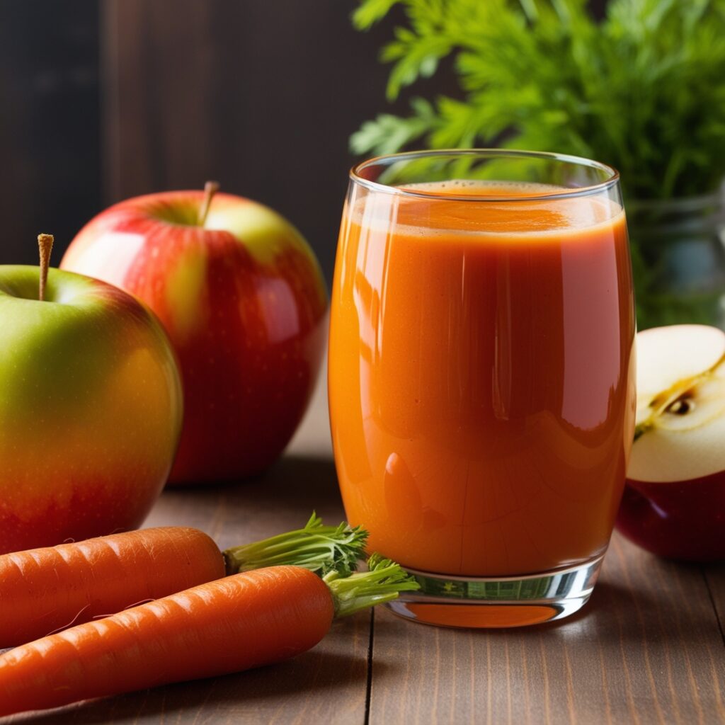 A refreshing glass of apple carrot juice showcases its vibrant color, highlighting how this healthy alternative to tea and coffee offers natural sweetness and benefits.