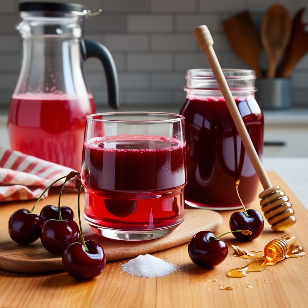 A refreshing glass of tart cherry juice, rich in antioxidants, with fresh cherries and a touch of honey, perfect for promoting sleep and health.