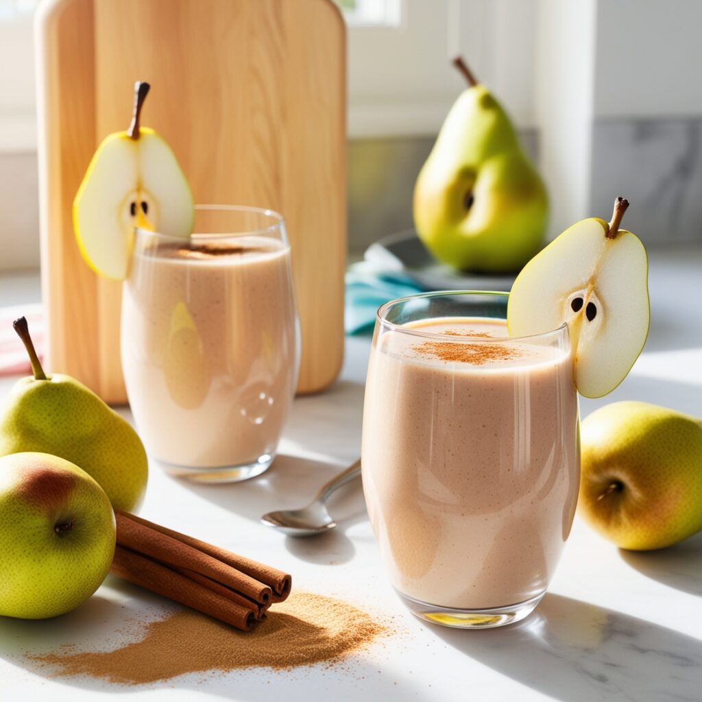 A creamy pear cinnamon smoothie in a glass, garnished with a pear slice, offers a delightful alternative to tea and coffee, featuring fresh ingredients like pears, yogurt, and apple juice.