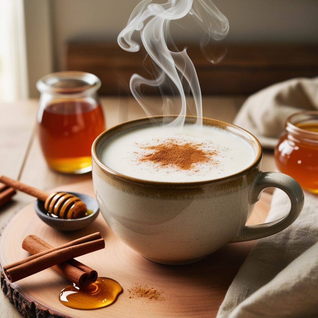 A cozy mug of cinnamon rice milk, stirred with honey, offers a warm, caffeine-free alternative to tea and coffee. Perfect for promoting digestion and packed with vitamins B and D.