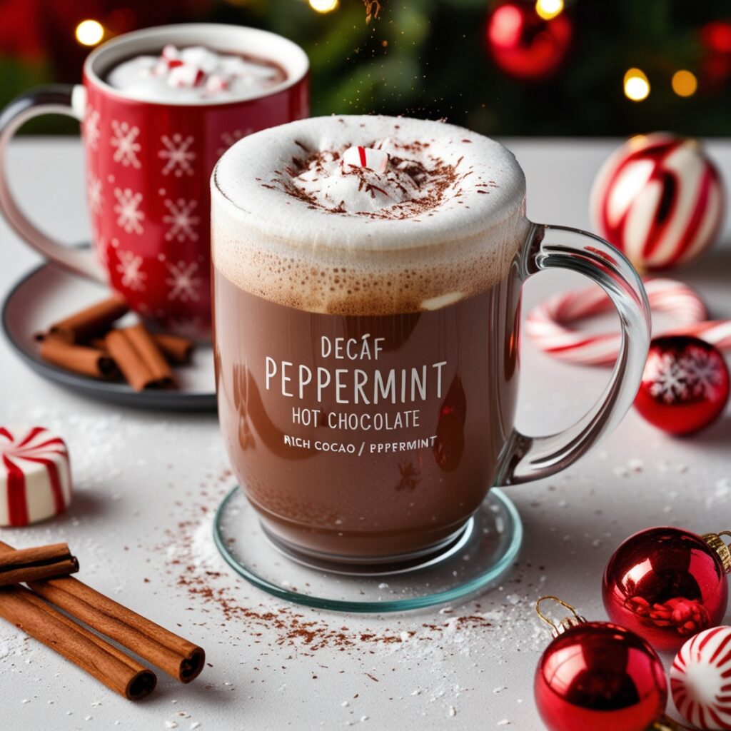 A steaming mug of decaf peppermint hot chocolate, topped with whipped cream and a sprinkle of cocoa, is a perfect cozy evening drink that offers a delightful alternative to tea and coffee without caffeine.
