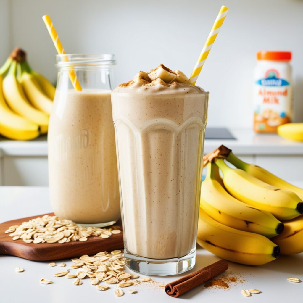 A delicious banana oat smoothie made with banana, cooked oats, almond milk, and cinnamon, served in a glass with a straw, is a fantastic alternative to tea and coffee.