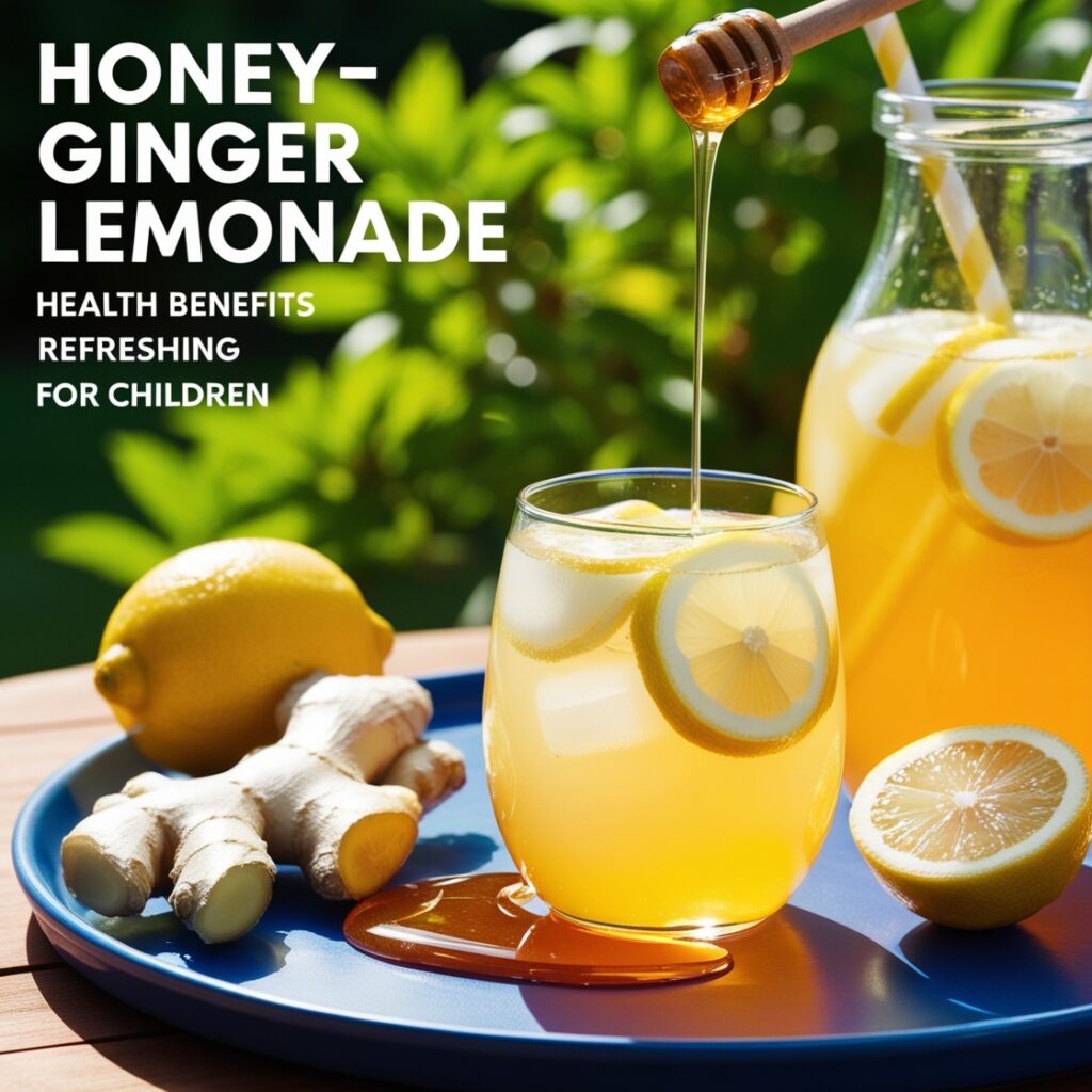 A refreshing glass of honey-ginger lemonade, featuring ginger, lemon slices, and honey, set in a sunny outdoor scene, showcasing its health benefits as a great alternative to tea and coffee.