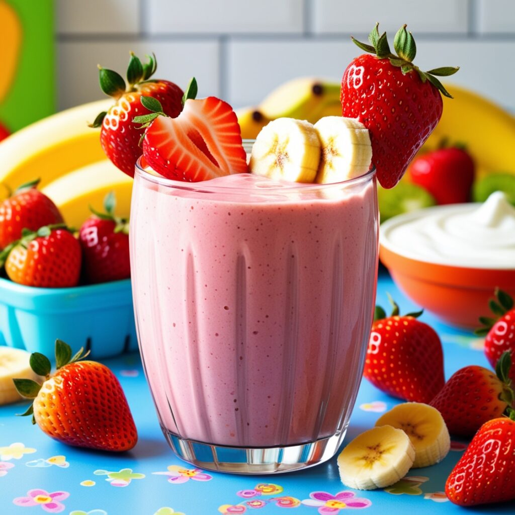 A delicious strawberry banana smoothie, blended with yogurt and garnished with fresh fruit, serves as a vibrant and nutritious treat for kids, perfect alongside tea and coffee alternatives.