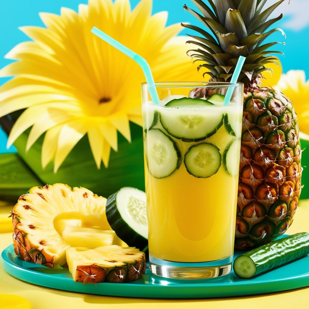 A refreshing glass of pineapple cucumber juice, bright yellow and green, garnished with fresh fruit slices, is a perfect hydration option alongside tea and coffee.