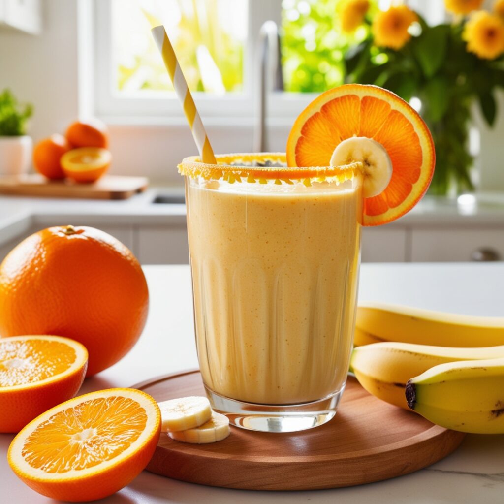 A refreshing orange banana smoothie in a clear glass, garnished with orange and banana slices, highlighting its health benefits as a tea and coffee alternative.