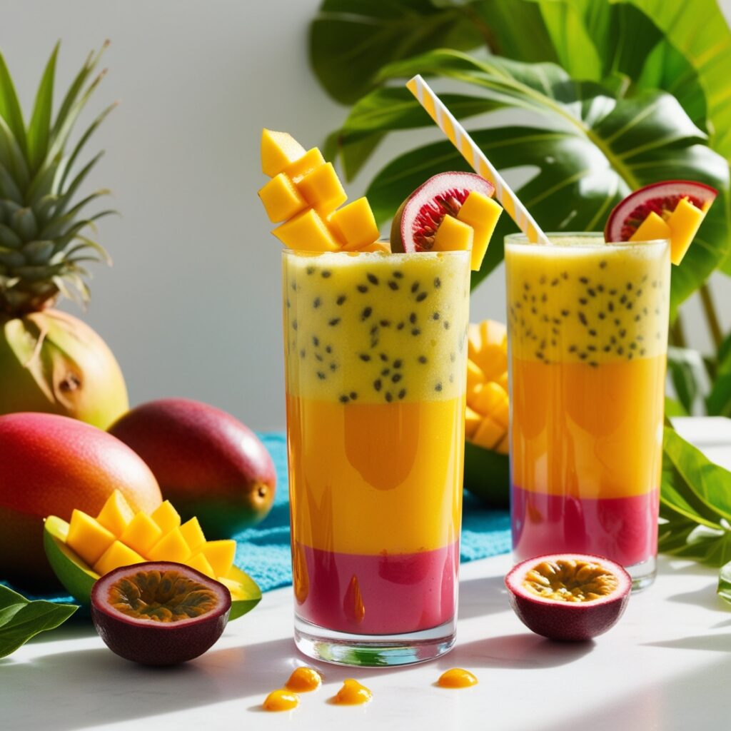 A vibrant glass of mango passionfruit juice, accompanied by fresh mangoes and passionfruits, showcases a refreshing, vitamin-rich drink for kids, serving as a delightful alternative to tea and coffee.

