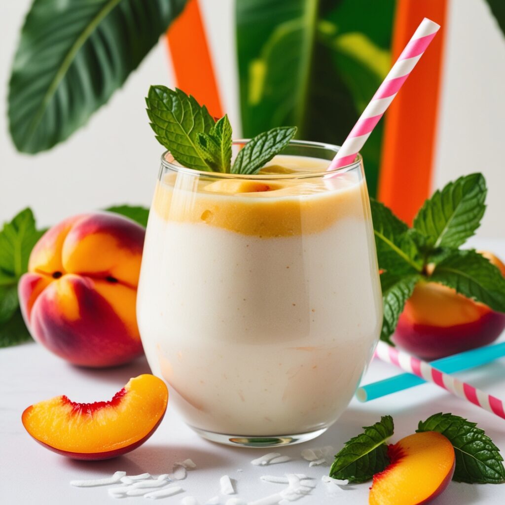 A creamy peach coconut smoothie in a glass blends fresh peaches with coconut milk, garnished with mint leaves and a colorful straw—perfect as a refreshing alternative to tea and coffee!