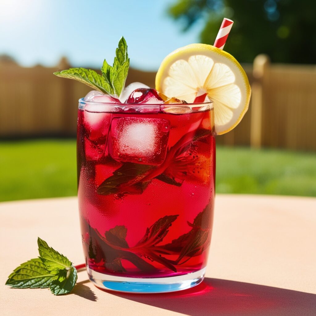 A vibrant glass of chilled hibiscus tea, served over ice with a slice of lemon and fresh mint, offers a refreshing and caffeine-free for kids.