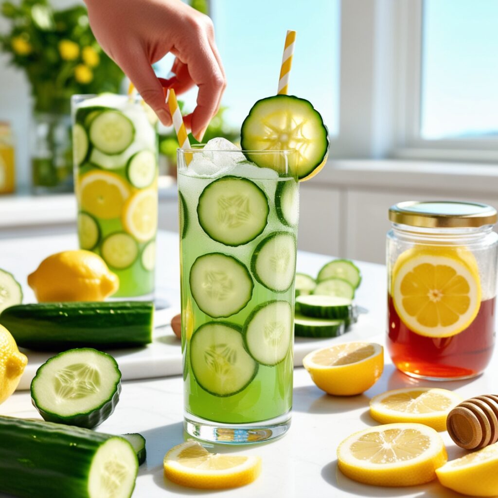 A refreshing cucumber lemonade, blended to perfection, served in a tall glass with cucumber slices and lemon wedges, is a great alternative to tea and coffee for hydration.