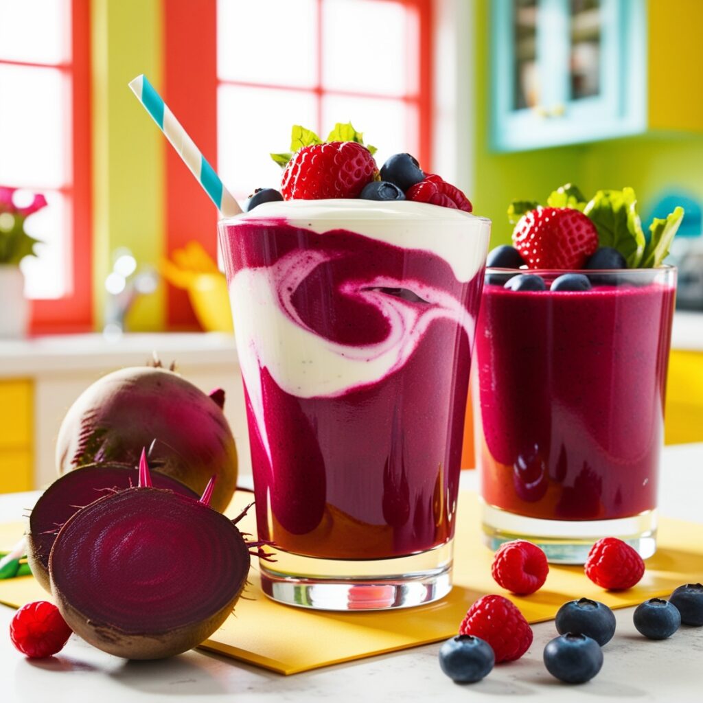 A vibrant berry beet smoothie in a clear glass, rich in antioxidants and fiber, offers a healthy treat alternative to tea and coffee, featuring fresh beets and mixed berries.