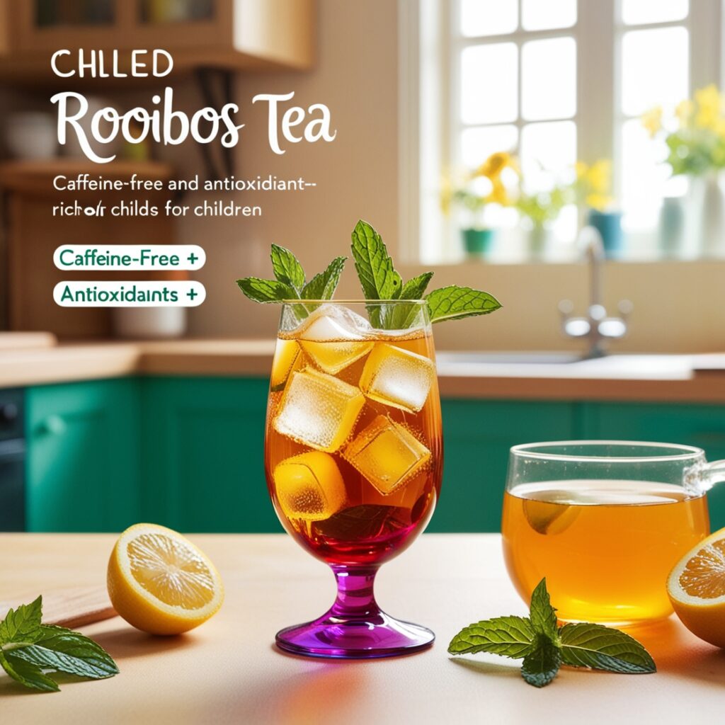 A refreshing glass of chilled rooibos tea, garnished with mint, showcases its vibrant color and caffeine-free benefits, making it a perfect alternative to tea and coffee for kids.