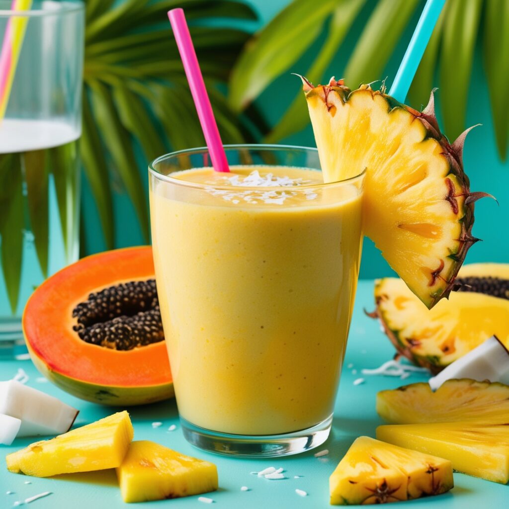 A colorful papaya pineapple smoothie in a glass, garnished with fresh fruit slices, serves as a nutritious and delicious alternative to tea and coffee for kids!