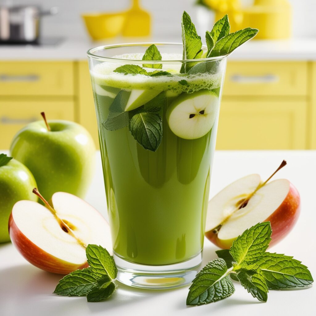 A refreshing glass of minty green apple juice, made from blended green apples and fresh mint, garnished with apple slices and mint leaves, serves as a delightful alternative to tea and coffee.