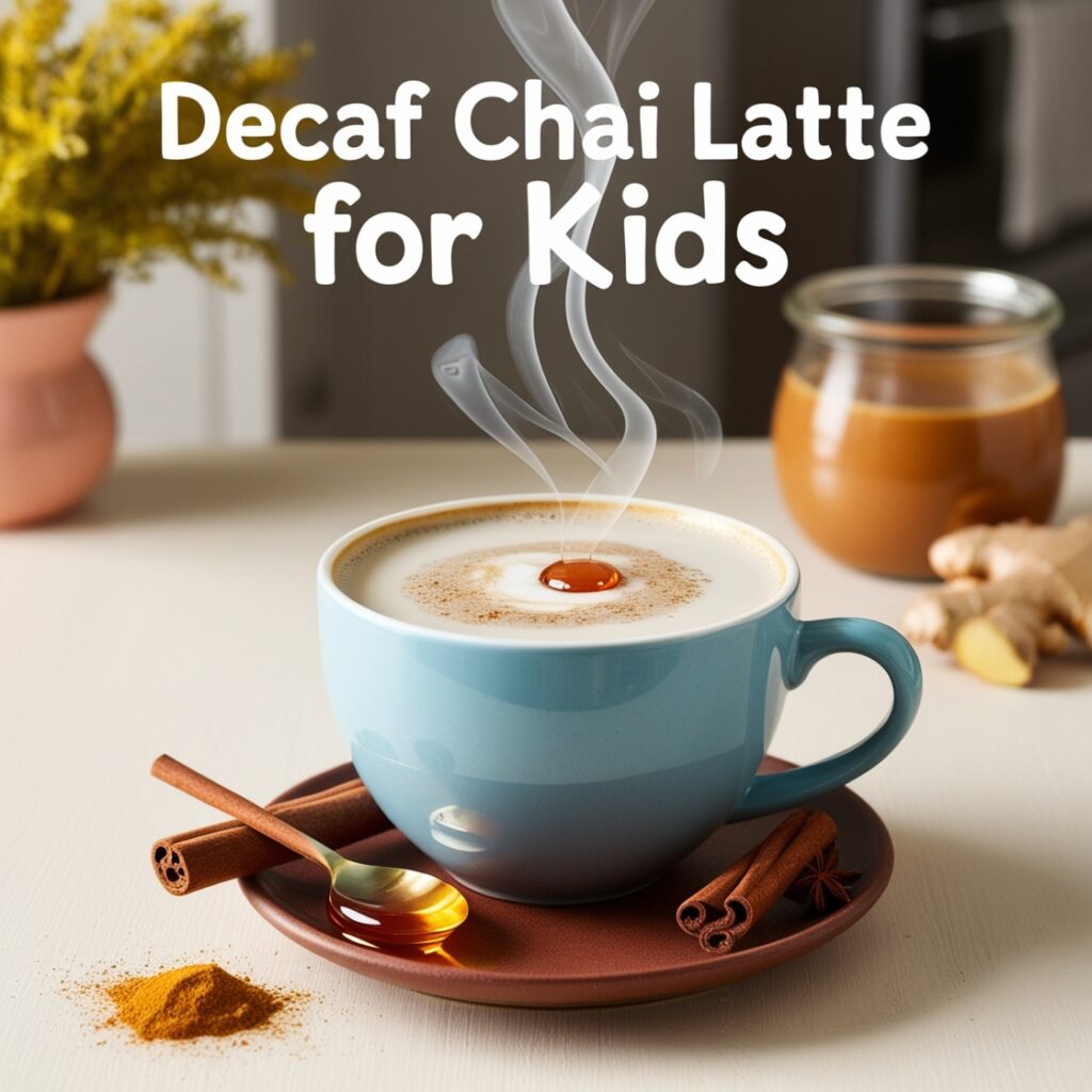 A comforting decaf chai latte made with warm milk, caffeine-free chai tea, and a touch of honey, perfect for kids' cozy moments, is a great alternative to tea and coffee.