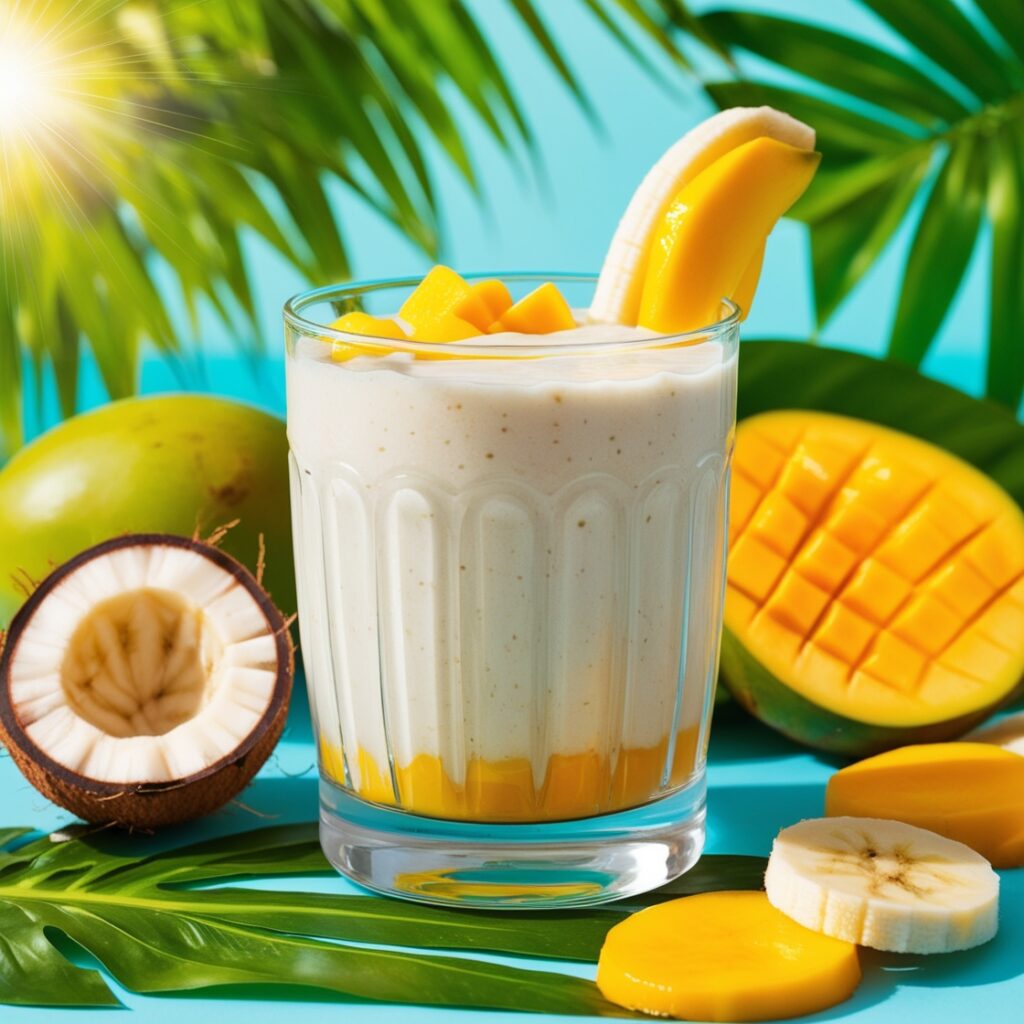 A refreshing Tropical Coconut Water Smoothie blends coconut water, mango, and banana, providing hydration and natural energy for kids.