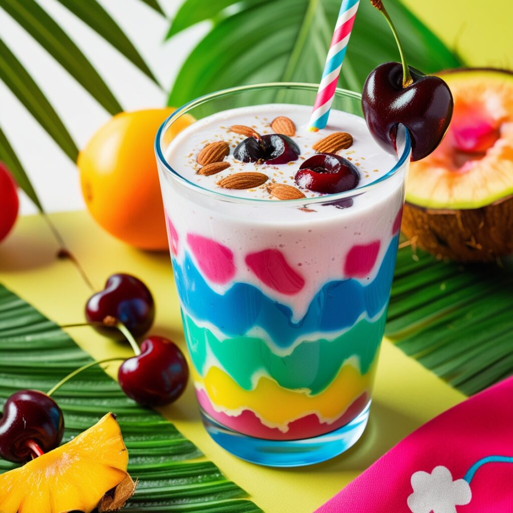 A refreshing tropical coconut water smoothie made with almond milk, fresh cherries, and a hint of vanilla is a great alternative to tea and coffee for kids, packed with nutrients.