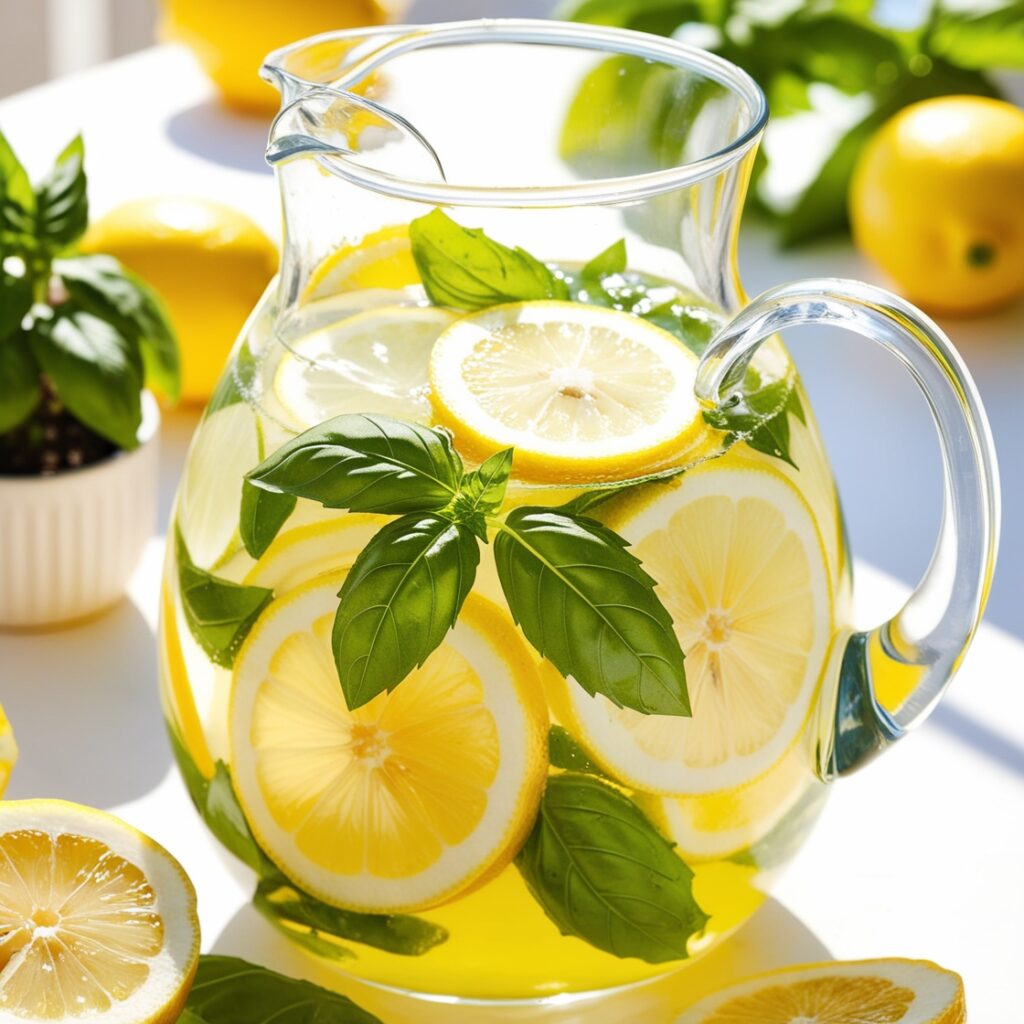 A refreshing pitcher of lemon basil water, infused with fresh lemon slices and basil leaves, is a perfect alternative to tea and coffee for hydrating kids and boosting immunity.