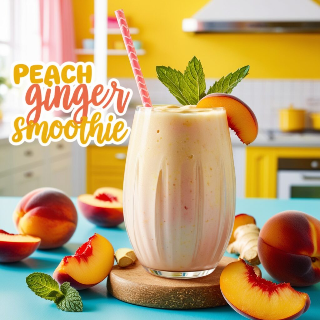 A refreshing peach ginger smoothie made with fresh peaches, ginger, and yogurt, garnished with mint and peach slices, serves as a delightful alternative to tea and coffee in a bright kitchen setting.