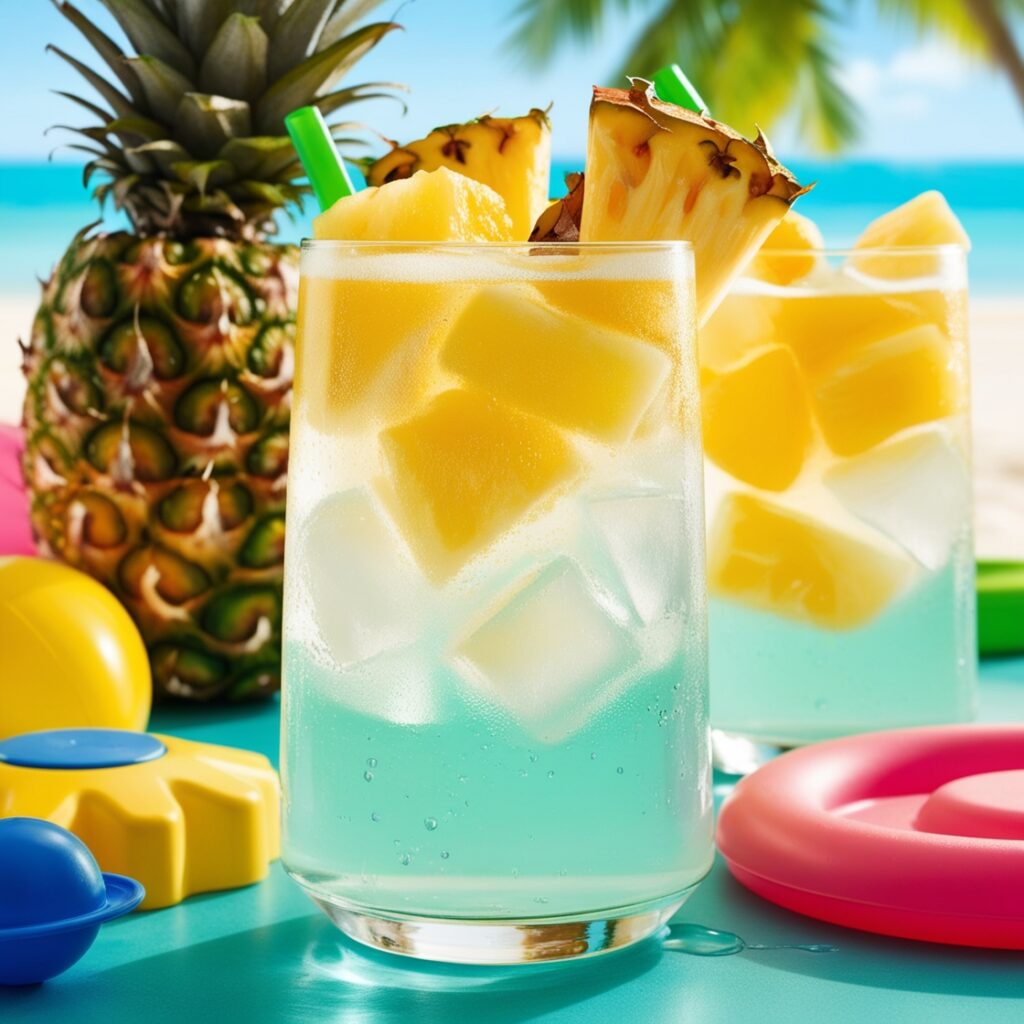 A refreshing drink made from pineapple chunks and coconut water over ice, bursting with tropical colors and perfect for post-playtime hydration, serves as a great alternative to tea and coffee.