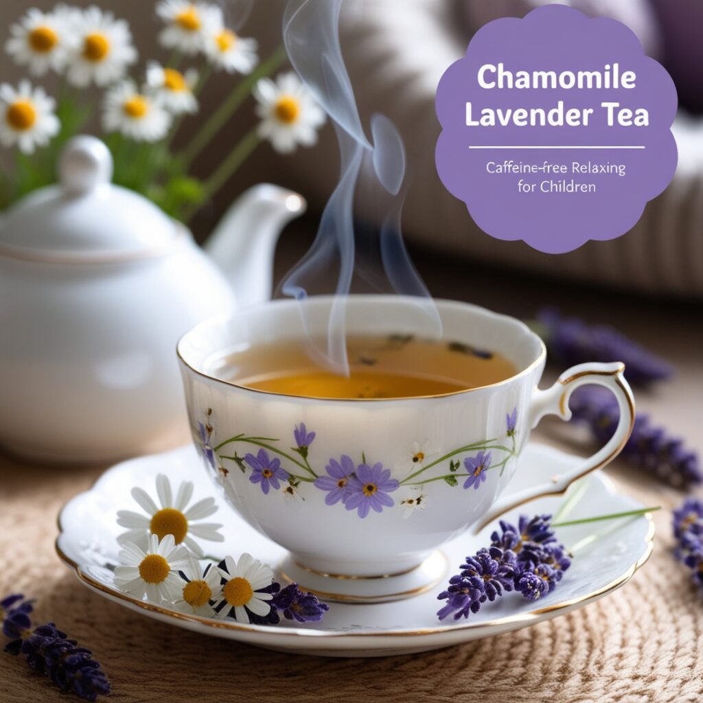 A calming cup of chamomile lavender tea and coffee, surrounded by flowers, promotes relaxation and sleep. Perfect for children, it's caffeine-free and soothing.