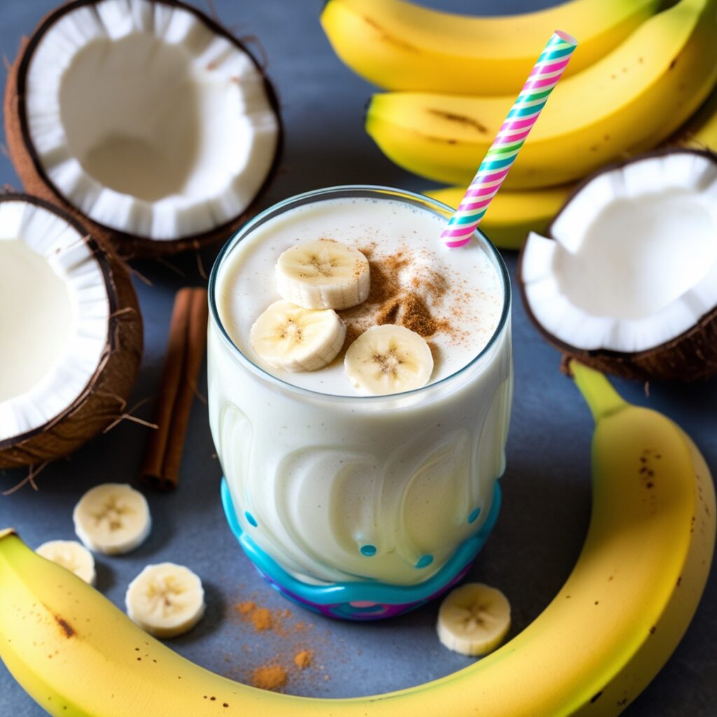 A creamy Banana Coconut Shake made with coconut milk, bananas, and a dash of cinnamon is a delightful alternative to tea and coffee, rich in potassium and healthy fats for kids.