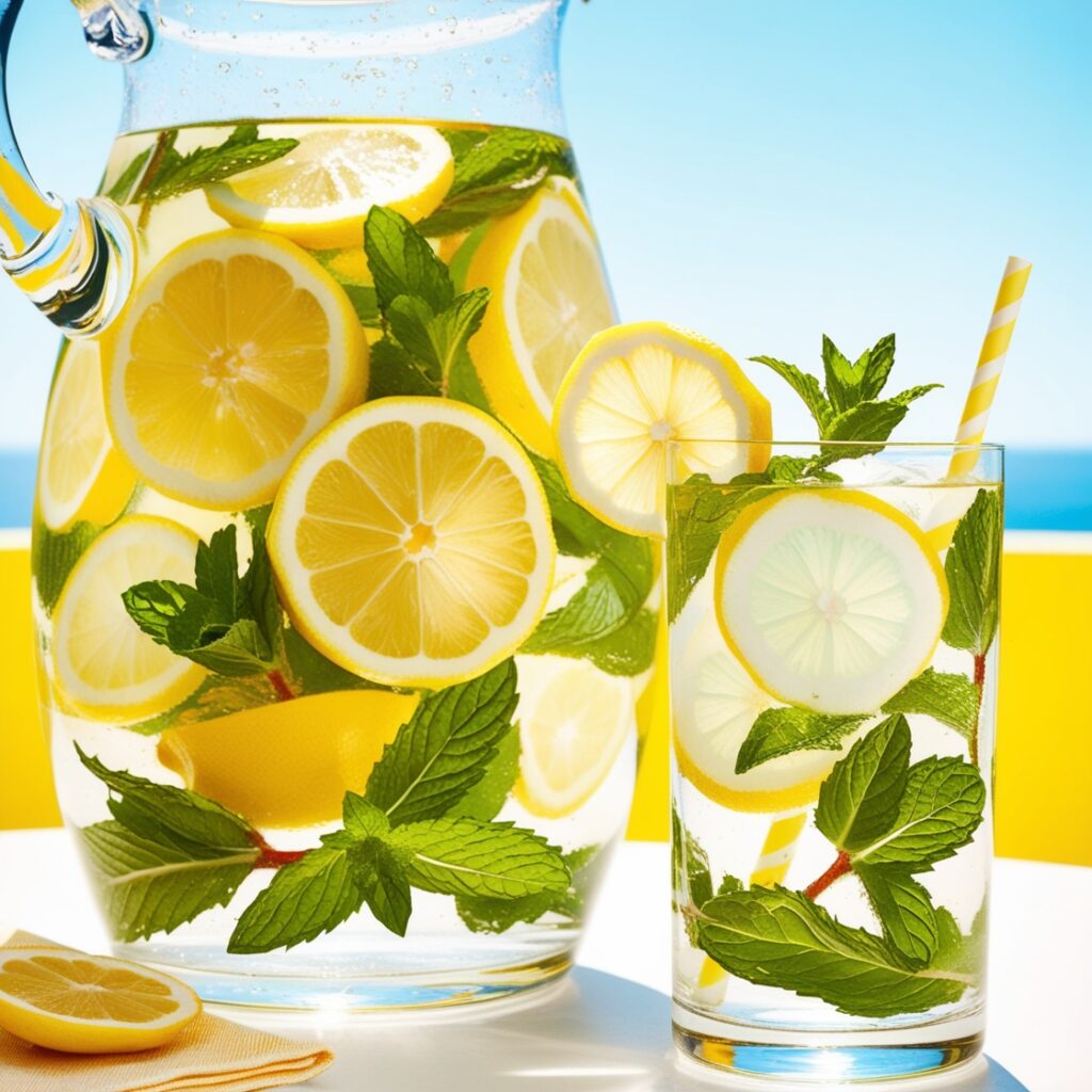 Infuse water with fresh lemon slices and mint leaves for a refreshing drink that helps with digestion and provides vitamin C for immune support, a great alternative to tea and coffee.