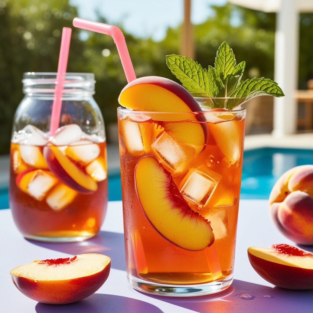 A refreshing glass of peach herbal tea and coffee, served over ice, showcasing its vibrant color. This naturally sweet drink is a flavorful, hydrating alternative to caffeinated iced teas.