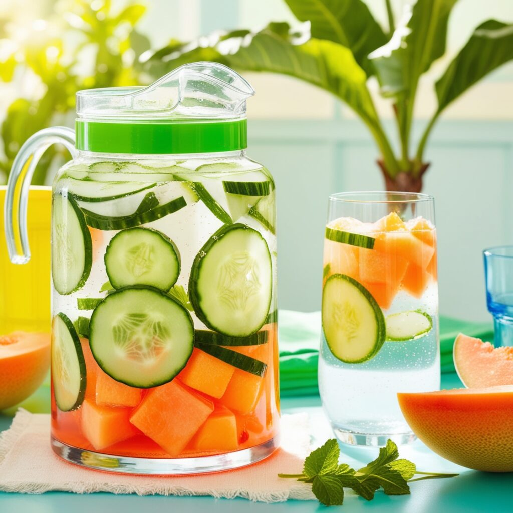 Refreshing cucumber and cantaloupe infused water, a hydrating drink rich in vitamins A and C.