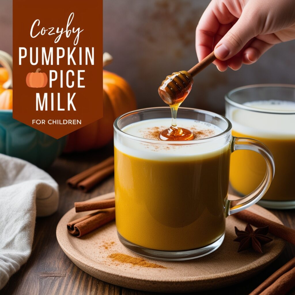 A cozy cup of pumpkin spice milk, blending pumpkin puree, milk, cinnamon, and honey, offers a healthier alternative  rich in fiber and vitamin A, perfect for kids.