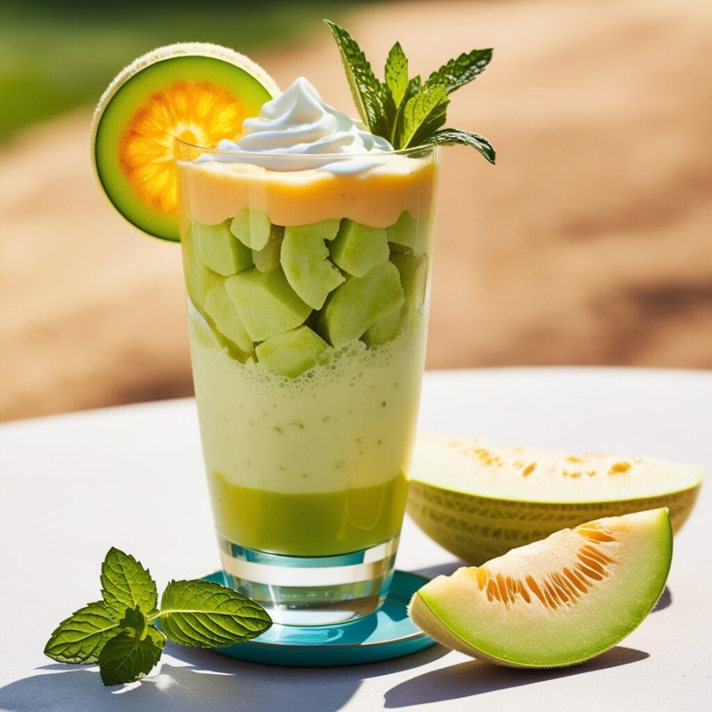 A refreshing honeydew smoothie made with honeydew melon, yogurt, and orange juice,  perfect for hot days and packed with vitamins C and A.