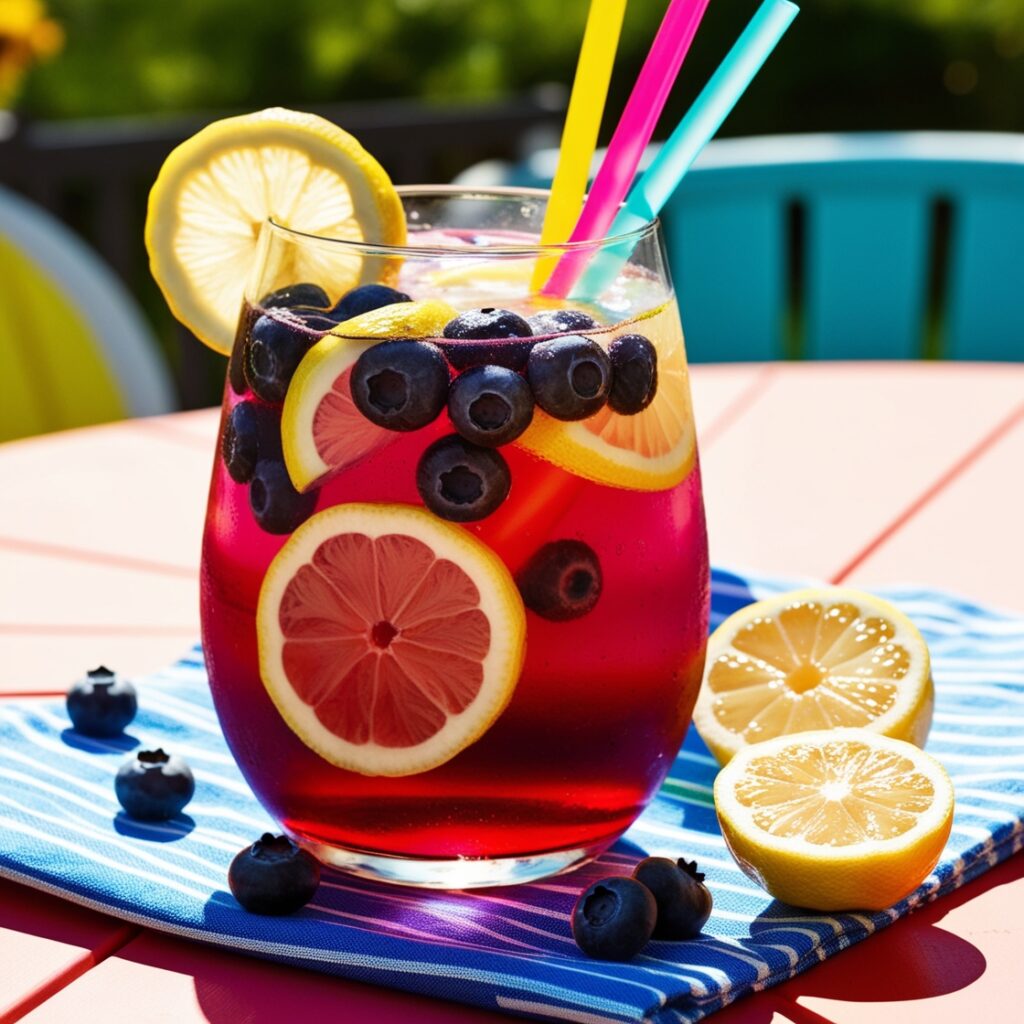A refreshing glass of blueberry lemonade, bright with fresh blueberries and lemon slices, offers a healthy and antioxidant-rich alternative for kids.