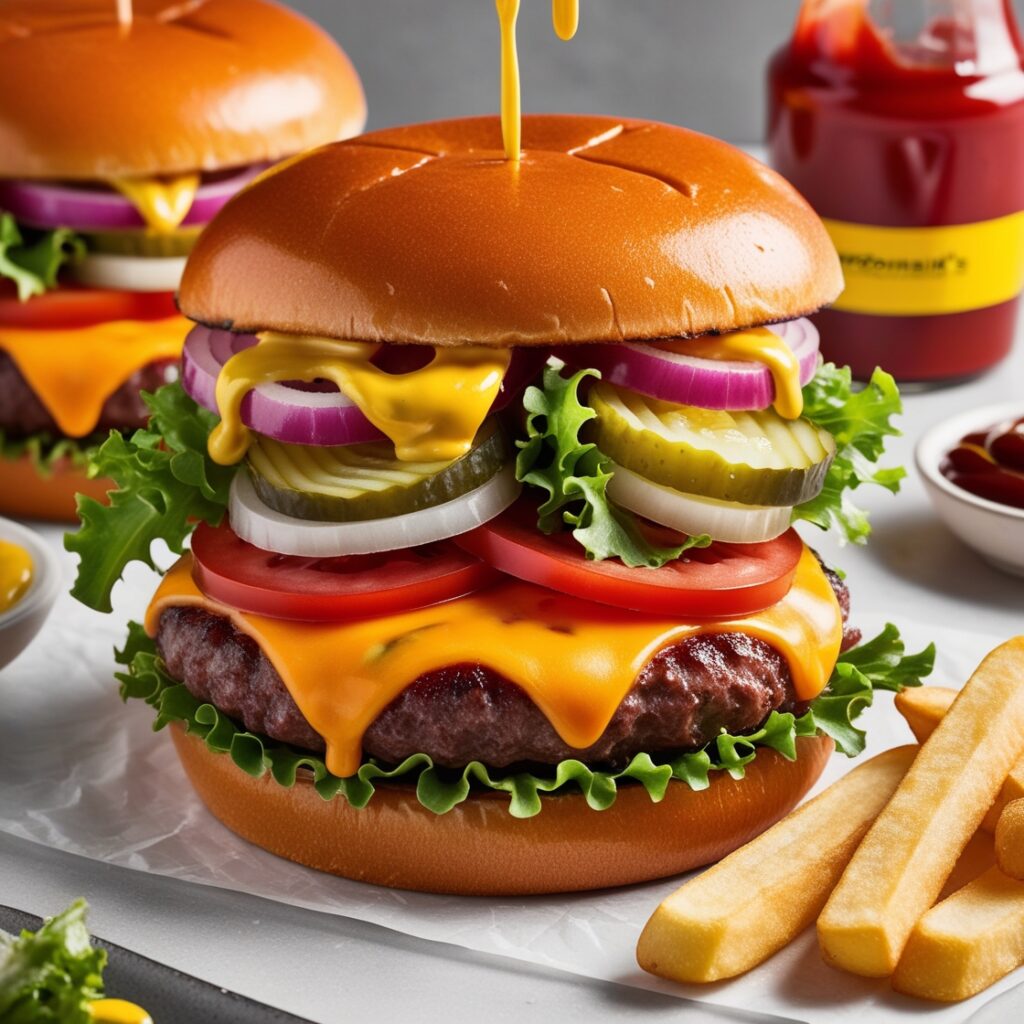 Image of a delicious, healthy homemade fast food: cheeseburger, inspired by McDonald's Cheeseburger.