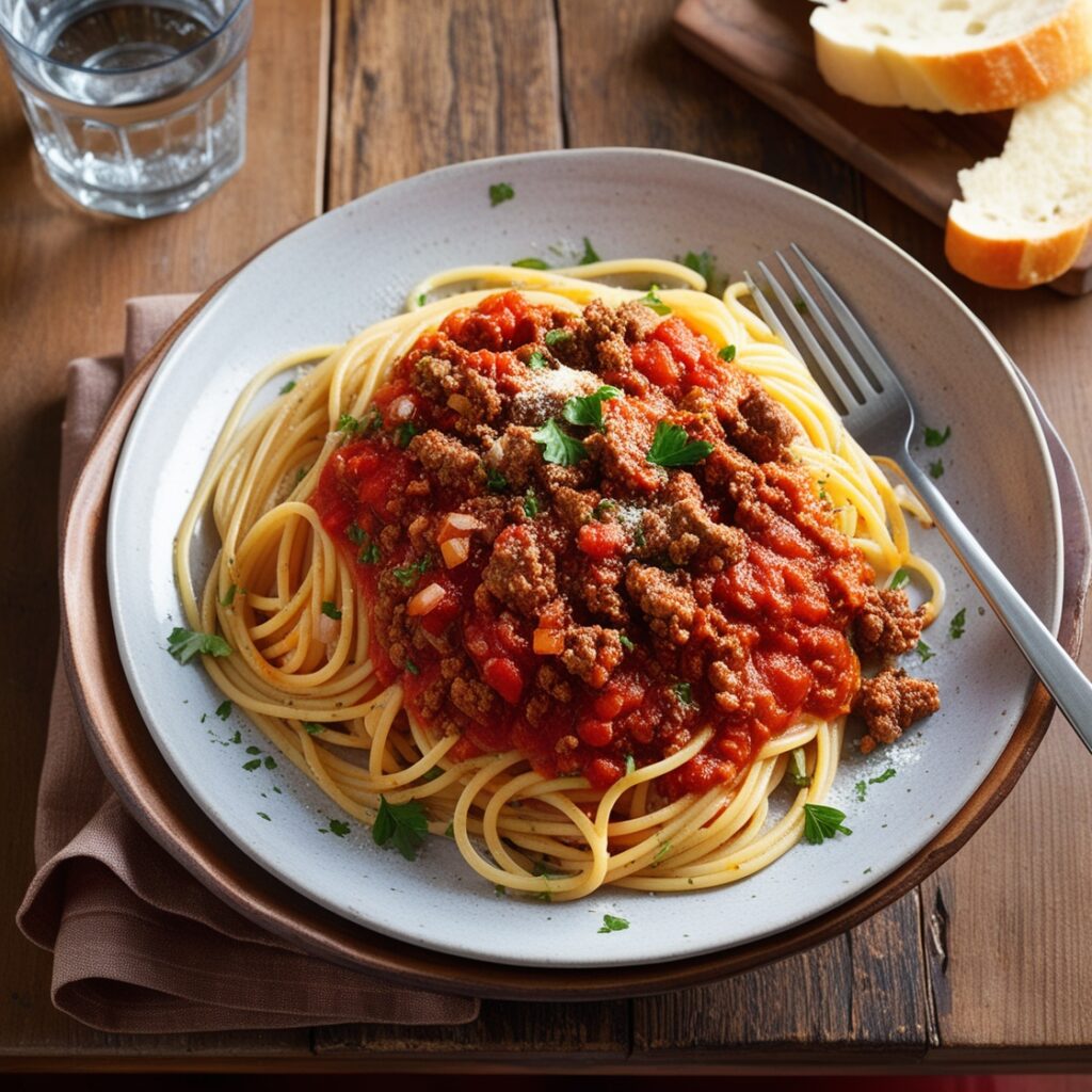 Appealing and vibrant image of homemade fast foud Spaghetti Bolognese, inspired by Olive Garden’s Spaghetti.
