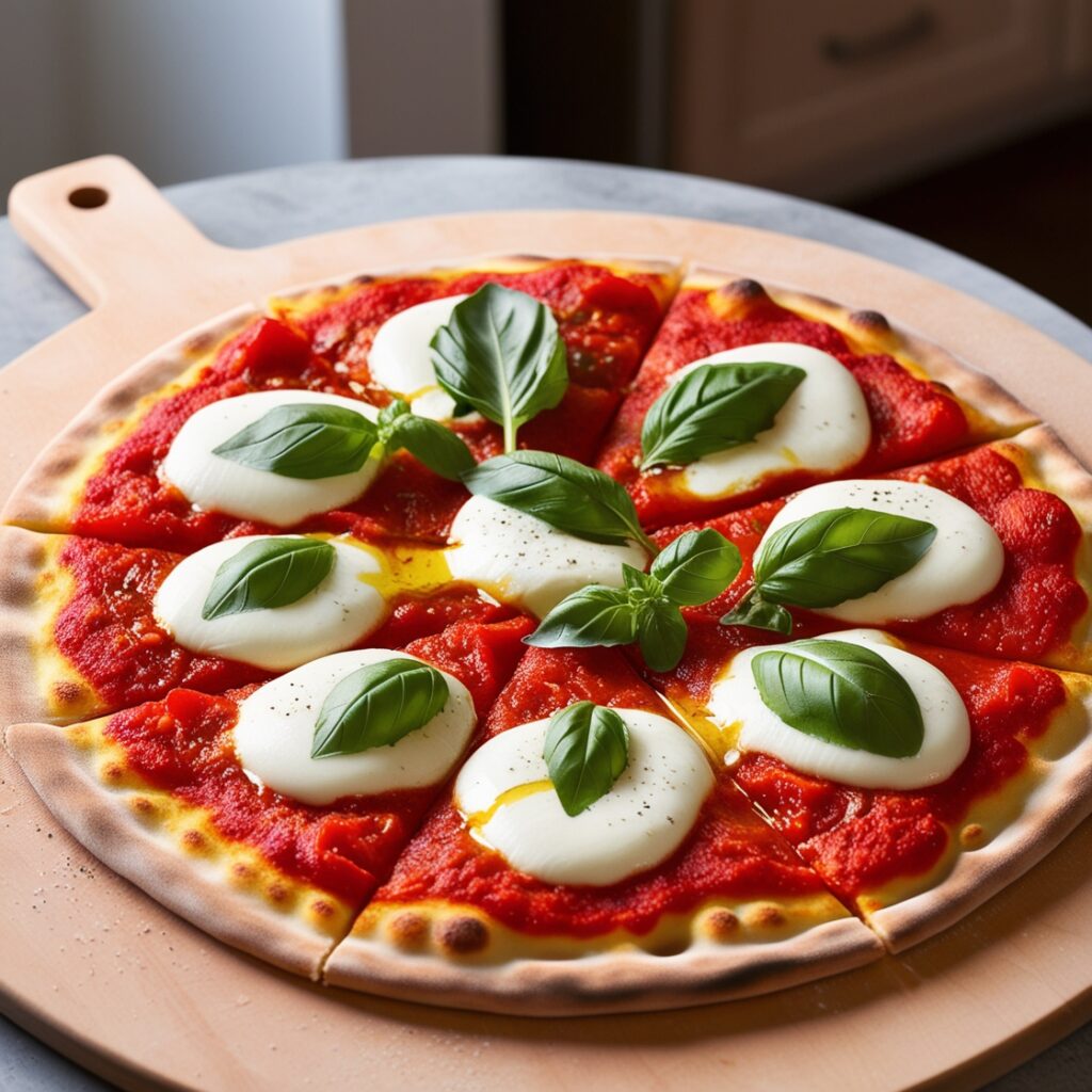 A vibrant and appetizing image of homemade fast food: Margherita Pizza, inspired by Domino’s Margherita Pizza