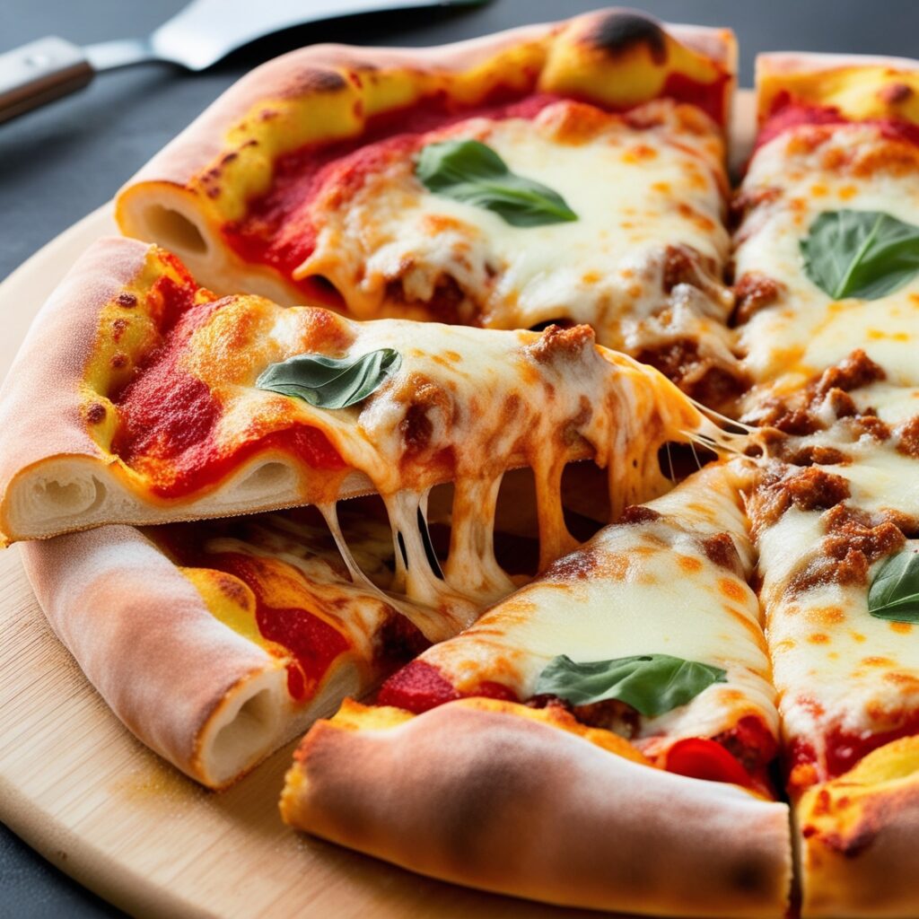 A vibrant and appetizing image of homemade fast food Stuffed Crust Pizza, inspired by Pizza Hut’s Stuffed Crust Pizza.