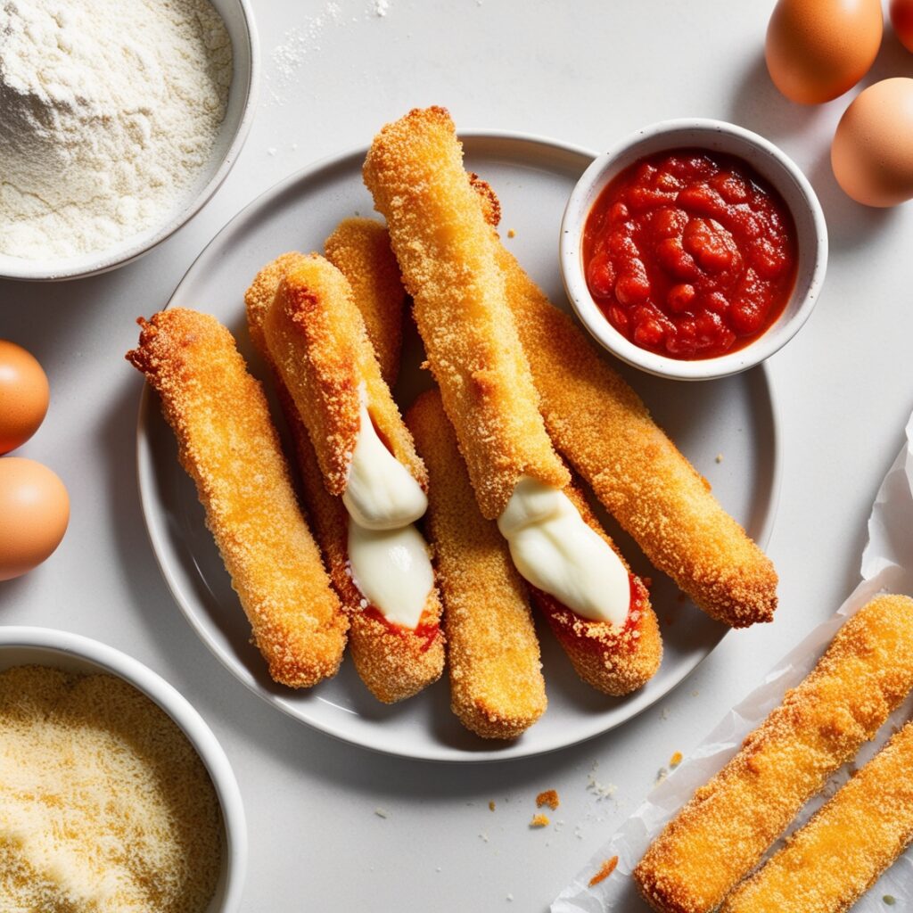 Appealing and vibrant image of homemade fast food Mozzarella Sticks, inspired by Arby's Mozzarella Sticks.