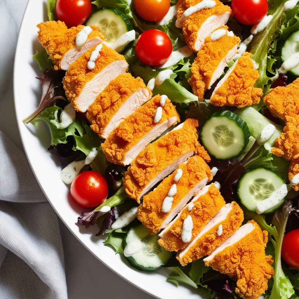A vibrant and appetizing image of homemade fast food: Crispy Chicken Salad, inspired by McDonald’s Chicken Caesar Salad.